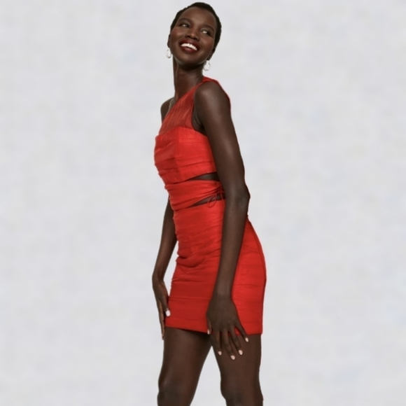 Ashley Park x RTR Red Chiffon Mini Dress, Sheer, Cutouts, Drawstring -sz 6 - Picture 1 of 7